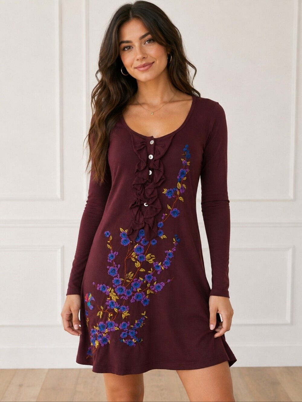 Johnny Was Long Sleeve Ruffle Front Floral Embroidered Tunic Dress - Burgundy
